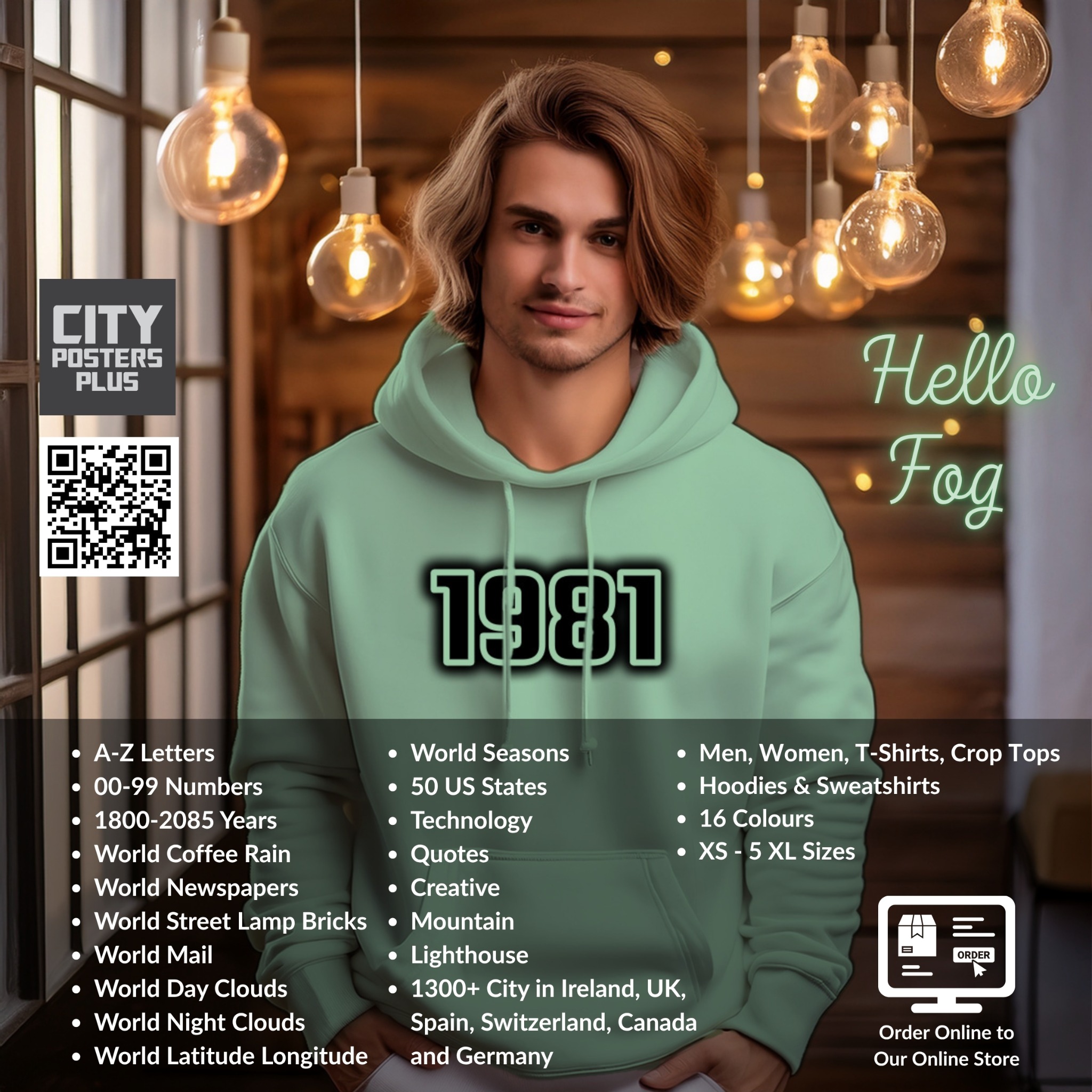 City Posters Plus social creative with man wearing 1981 mint hoodie