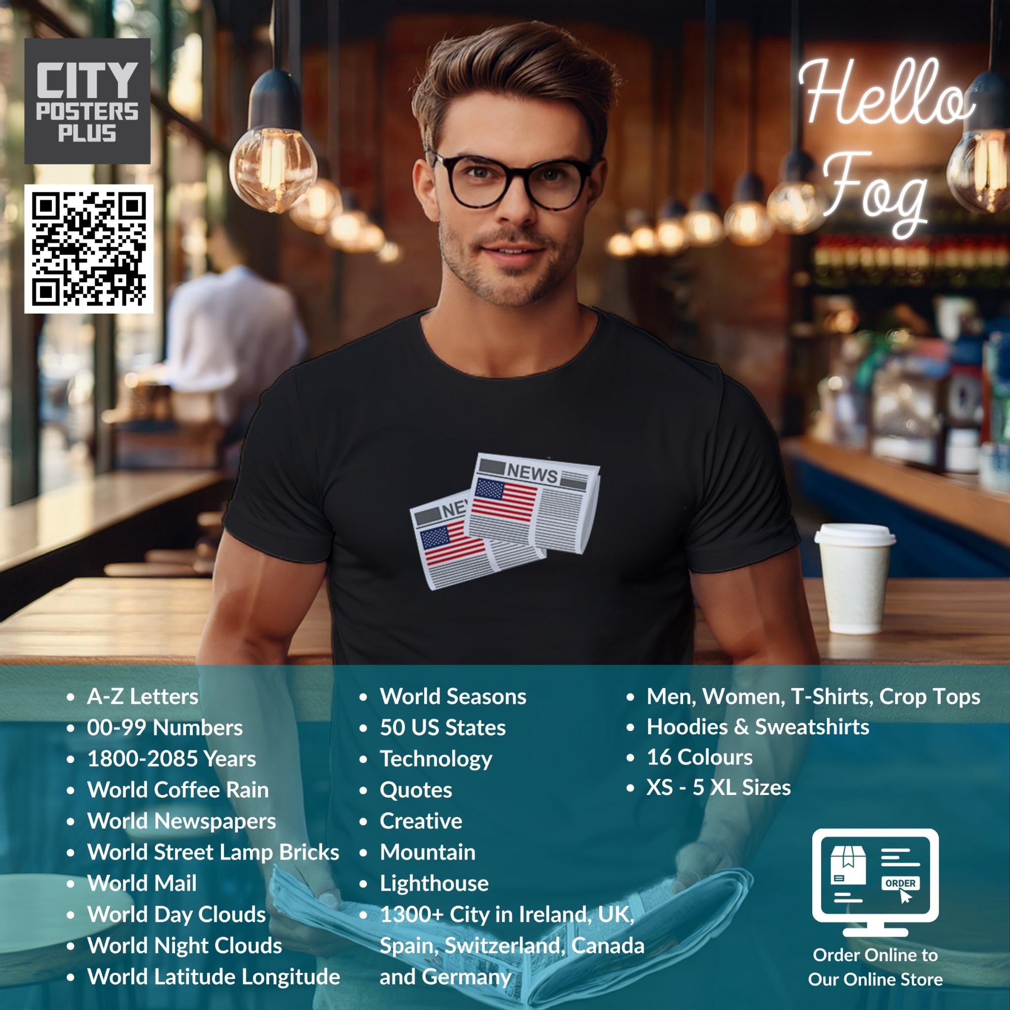 City Posters Plus social creative with man wearing black newspaper T-shirt